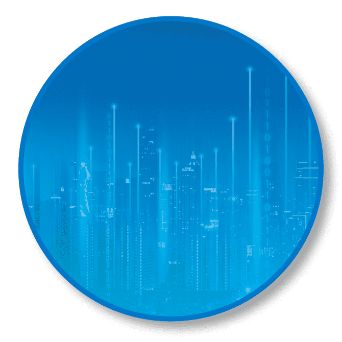 Decorative element previewing ebook cover, features blue cityscape with strings of data.